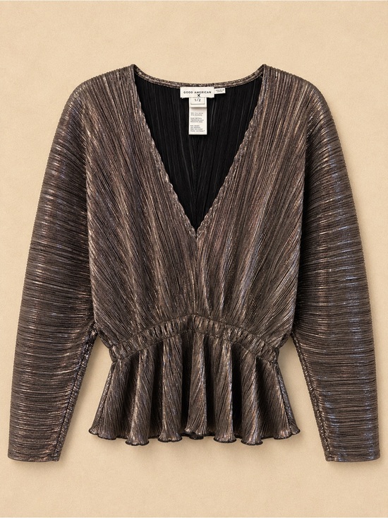 Good American Tops - Good American Metallic Plissé Peplum Top Chrome Silver Pleated Blouse Size 1/2